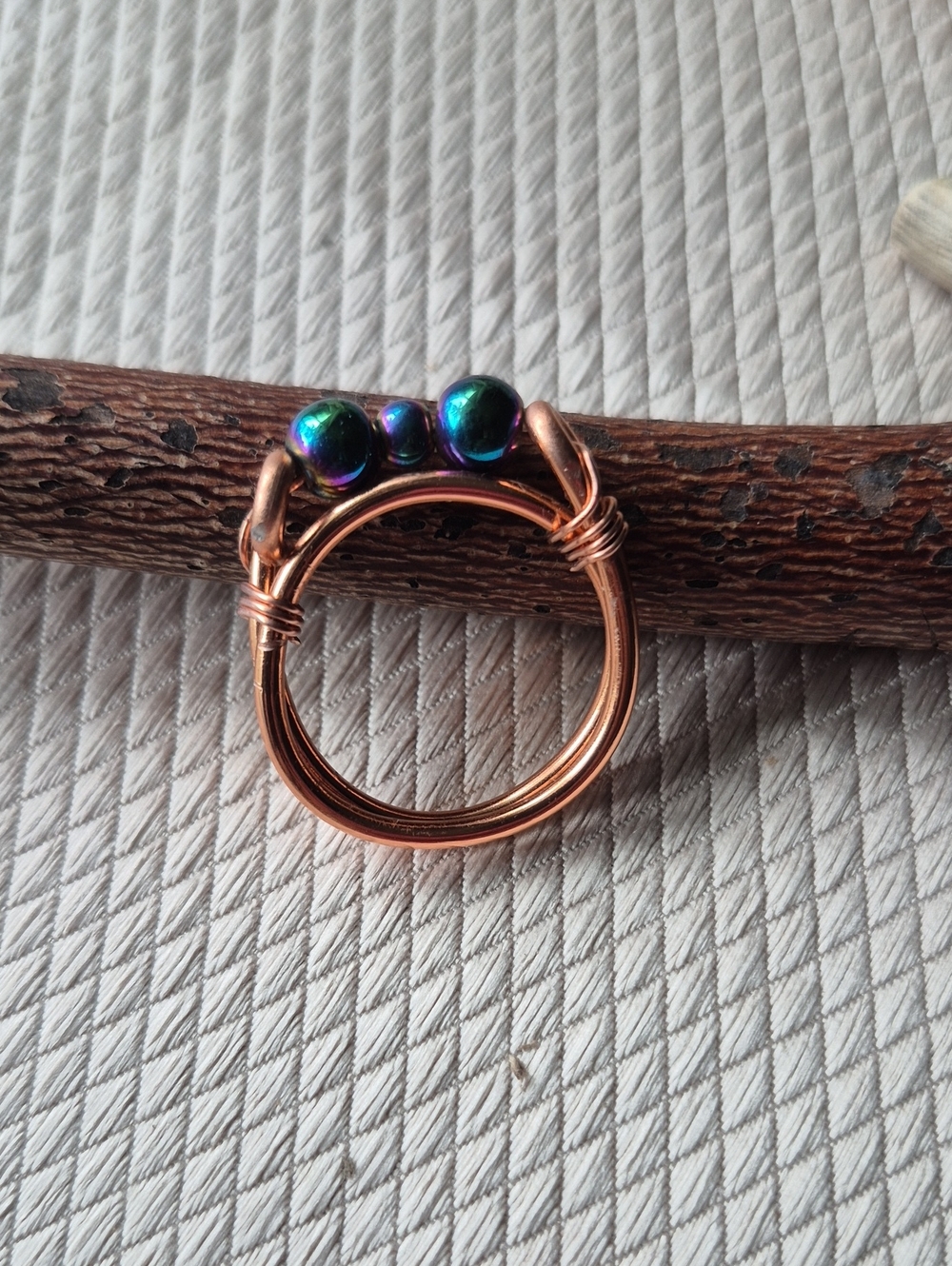 Copper Wire Ring with Iridescent Blue-Green Beads